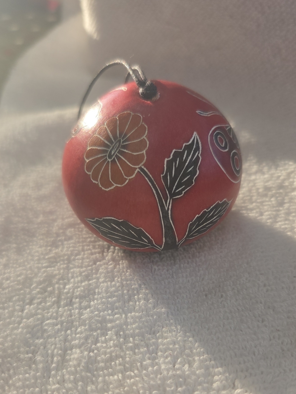 Hand Painted Butterfly Gourd Ornament  Red Floral Hanging Accent